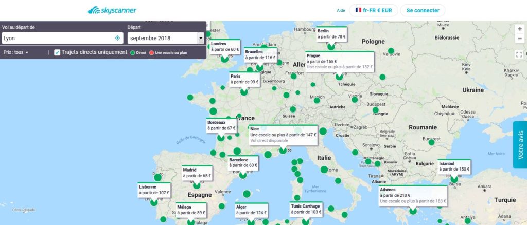 recherche par carte sur Skyscanner